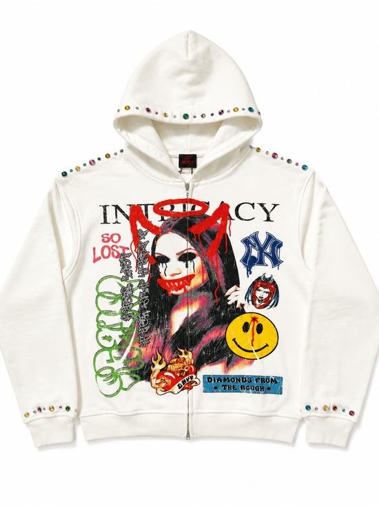 Lost Intricacy Other - Lost Intricacy White Graphic Zip Hoodie with Multicolor Stud Accents🔥